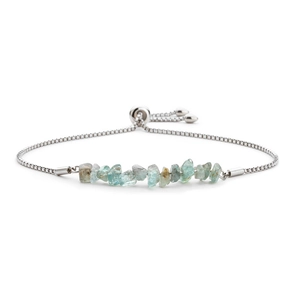 Detail of adjustable silver box chain bracelet with light blue natural raw stones