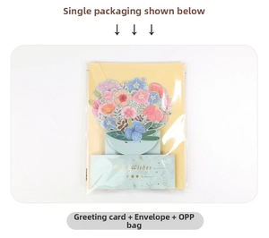 3D pop-up floral greeting card set with yellow envelope and clear protective packaging