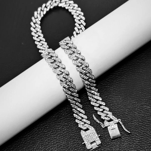 Men's 12mm silver Cuban link necklace with full diamond inlay and secure square clasp