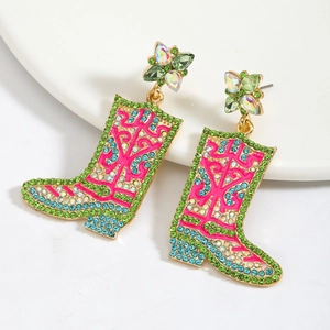 Exaggerated golden alloy cowboy boot earrings with colorful rhinestones and pink beads