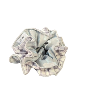 French style grey plaid scrunchie with blue bow patterns and brand woven label