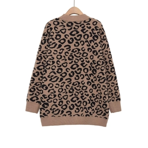 Women's V-neck leopard print knit cardigan in tan and black with a loose fit