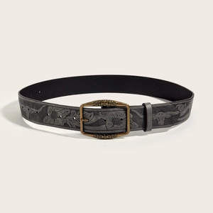 Ceinture cuir vintage Y2K avec gaufrage tête de taureau tournesol et boucle bronze
