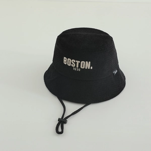 Close-up of black kids bucket hat with Boston 1630 embroidery and adjustable strap