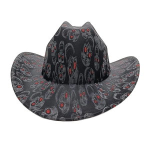 Black cowboy hat with skull patterns and red sequin eyes for Halloween party
