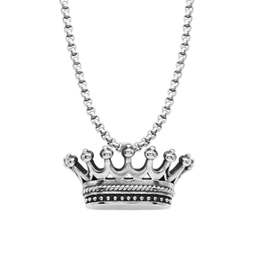 Silver punk rock crown pendant necklace with box chain for men and women in stainless steel