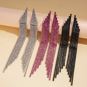 Exaggerated rhinestone tassel earrings in silver, pink, and black colors for women