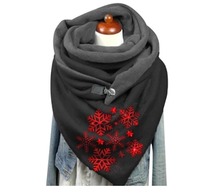 Detail of grey and black winter scarf featuring red glitter snowflakes and button closure