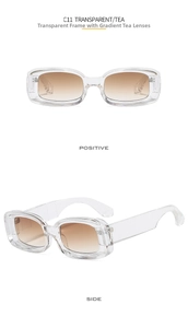 Detail view of transparent rectangular sunglasses with tea gradient lenses in C11 style