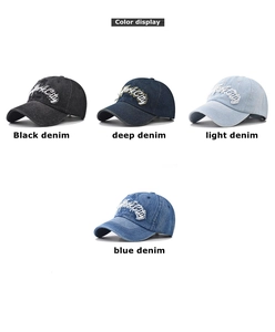 Showcase of four denim baseball caps featuring New York City embroidery detail