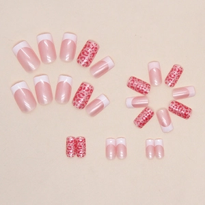 Pink leopard print and pearly french manicure square artificial nail kit 24pcs