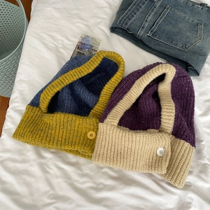 Chic color-block knitted balaclava hood with button detail for winter warmth