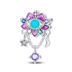 Detail of S925 silver charm with lotus design, evil eye center and star moon pendants