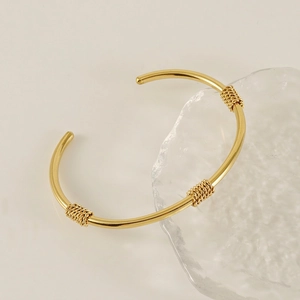 18K Gold Plated Stainless Steel Open Cuff Bracelet Triple Twist Design Adjustable C-Shape Bangle Jewelry For Women