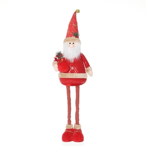 Plush Santa Claus doll with long striped legs and red sequin hat on white background