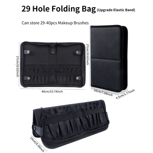 29-hole black makeup brush storage bag with elastic bands and foldable design