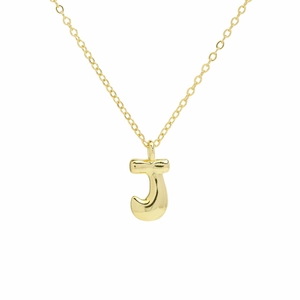 Detailed macro view of 18k gold plated bubble letter J pendant on a minimalist O-chain