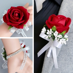 Elegant red velvet rose boutonniere and wrist corsage set with silver sequin ribbons