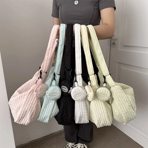 Quilted Pleated Crossbody Bag With Round Coin Purse Crescent Shoulder Bag For Women Nylon Bubble Texture Minimalist