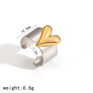 Two-tone heart open ring in gold and silver finish with size and weight measurements