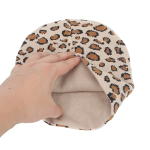 Leopard print knitted beanie in khaki and black with high elasticity for autumn winter