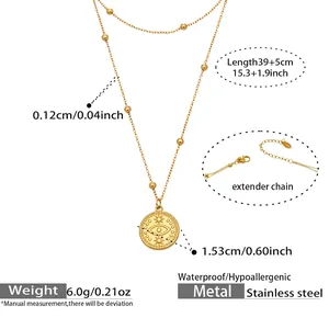 Dimensions détaillées du collier double rang en acier inoxydable doré avec pendentif mauvais œil