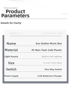 Detailed specifications of gas station music box with LED light and size parameters