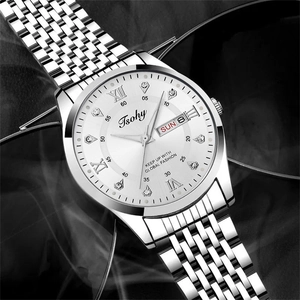 Detail view of Tsohy men's silver quartz watch with white dial and day-date display
