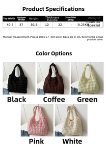 Guide des tailles du sac à main plissé avec dimensions détaillées et coloris variés