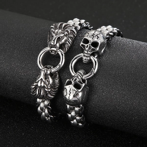 Stainless steel lion head and skull charm bracelets with chunky link chain design