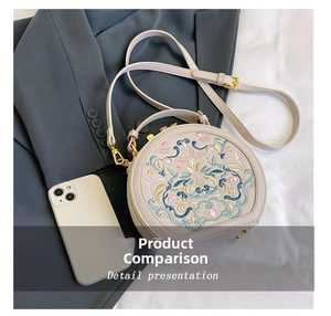 Detail view of ethnic floral embroidery crossbody bag next to smartphone for size scale