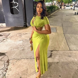 Slim fit neon green cutout dress with high slit and stylish ruched details for women
