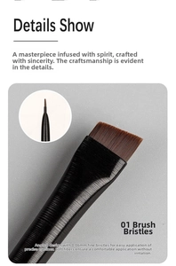 Macro detail of 0.06mm angled eyeliner brush showing soft brown synthetic bristles