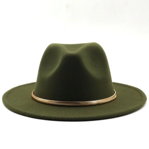 Detail view of olive green wool fedora with elegant gold snake chain band decoration