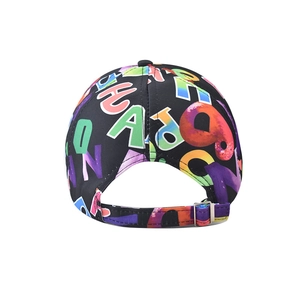 Rear view of cotton baseball cap with colorful graffiti letters and metal buckle adjustment