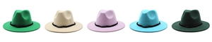 Flat brim wool jazz hats displayed in green, cream, purple, and blue with chain decor