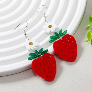 Sweet Acrylic Strawberry Flower Drop Earrings For Women Cute Fruit Daisy Dangle Earrings With Stainless Steel Earring Post