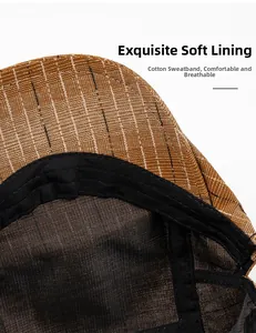 Detail of the cotton sweatband and breathable mesh lining in a striped ivy cap
