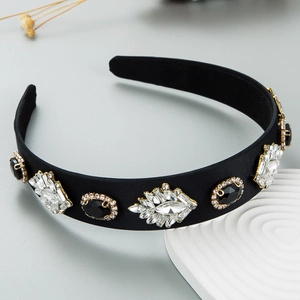Baroque black velvet padded headband with crystal rhinestones for high cranial top look