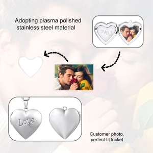 316L stainless steel silver heart locket necklace with Love engraving for photo customization