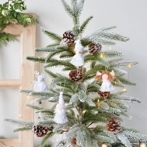 Plush Christmas ornament set featuring angel, snowman, and reindeer on a festive tree