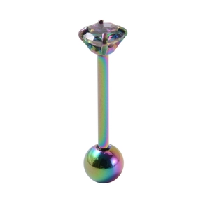 Macro shot of rainbow PVD stainless steel tongue ring with claw-set iridescent zircon stone