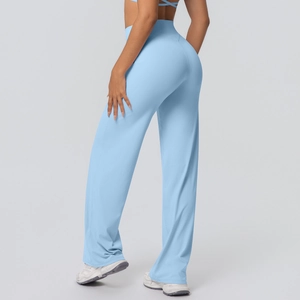 Side view of light blue high-waisted wide-leg yoga pants with brushed texture
