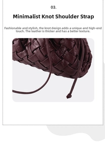 Close-up of deep wine red woven leather bag featuring a minimalist knotted shoulder strap