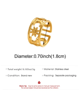 Detail van de 1,8cm diameter en 3g gewicht van de gouden ster en maan ring