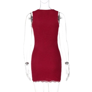 Detailed view of red floral lace hollow-out embroidery on a sleeveless bodycon mini dress