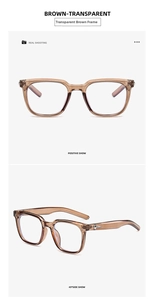 Detail view of transparent brown sunglasses frame with silver star hardware on temples
