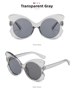 Front and side views of butterfly sunglasses in a transparent grey frame with dark lenses