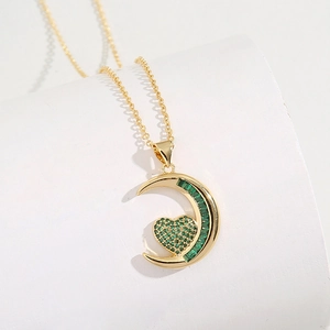 Emerald Green Zircon Crescent Moon Heart Pendant Necklace Gold Plated Copper Elegant Jewelry For Women