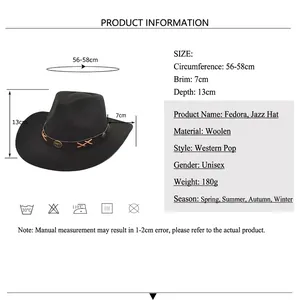 Classic black wool cowboy hat with brown ethnic style decorative band and dimensions